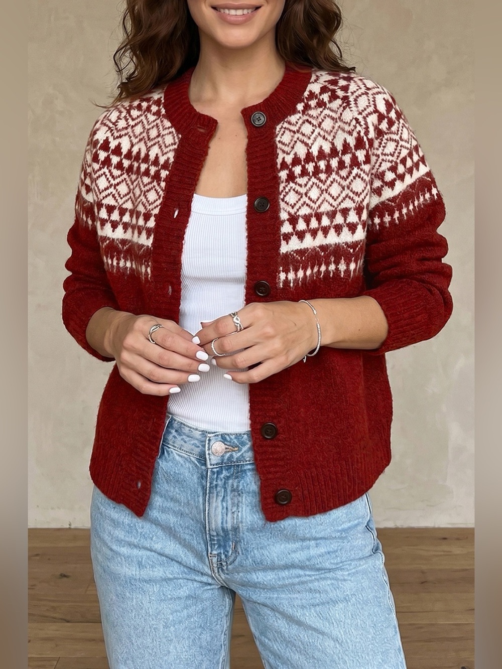 Geometric Print Button Front Long Sleeve Knitwear Cardigan
